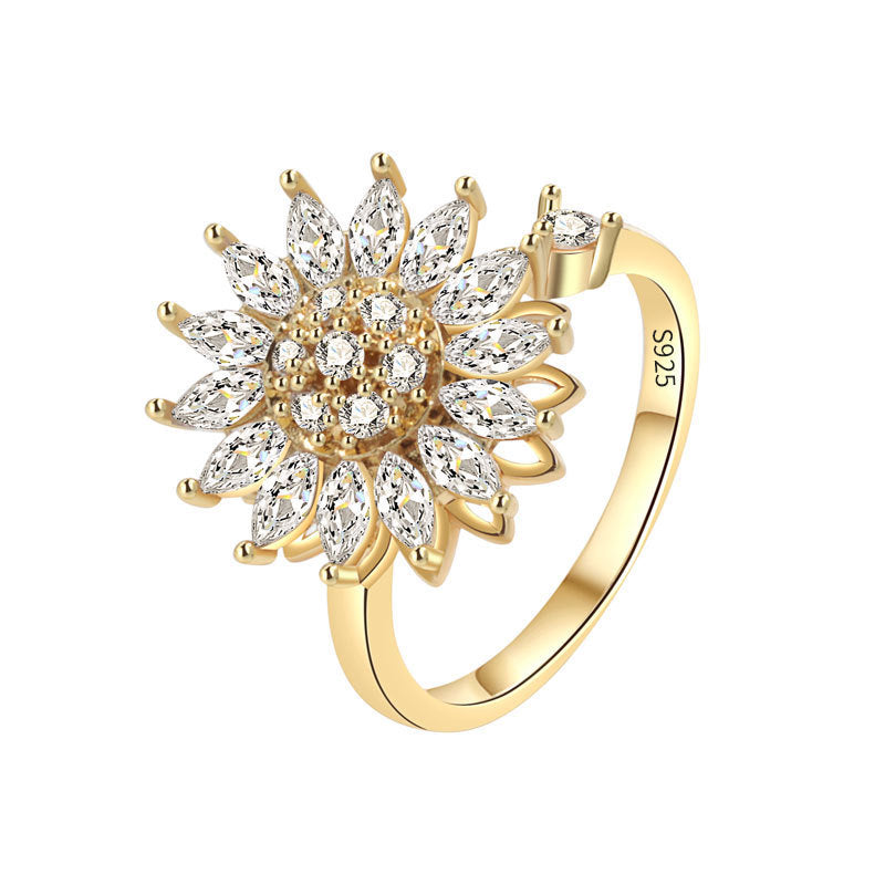 Rotatable 925 Sterling Silver Sunflower Spinner Ring with Gold Overlay - Adjustable to Any Size.
