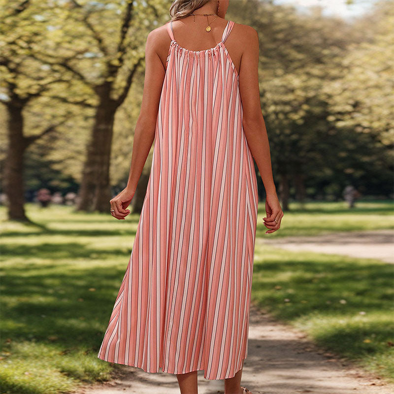 Pink Striped Loose Sling Dress