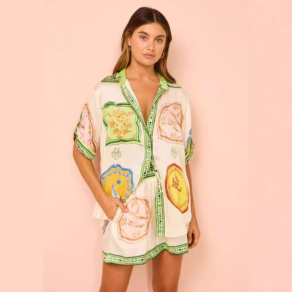 Fashion Printed Loose Satin Suit Top & Shorts Set