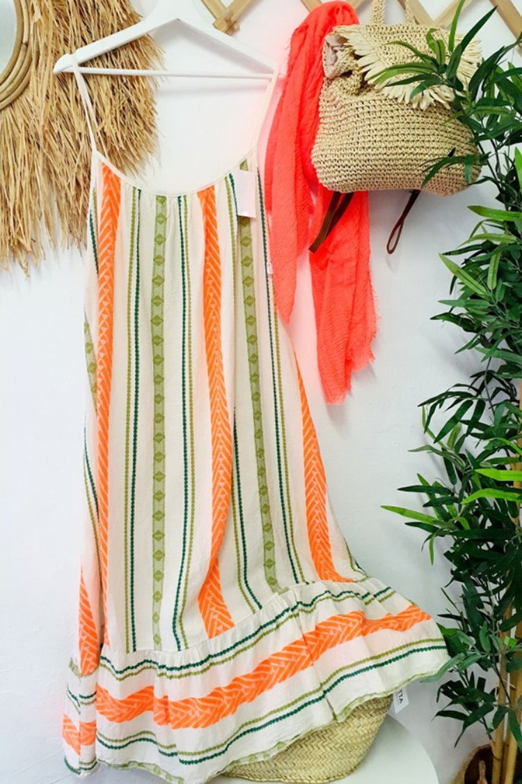 Bohemian Orange Green Printed Sling Loose Dress