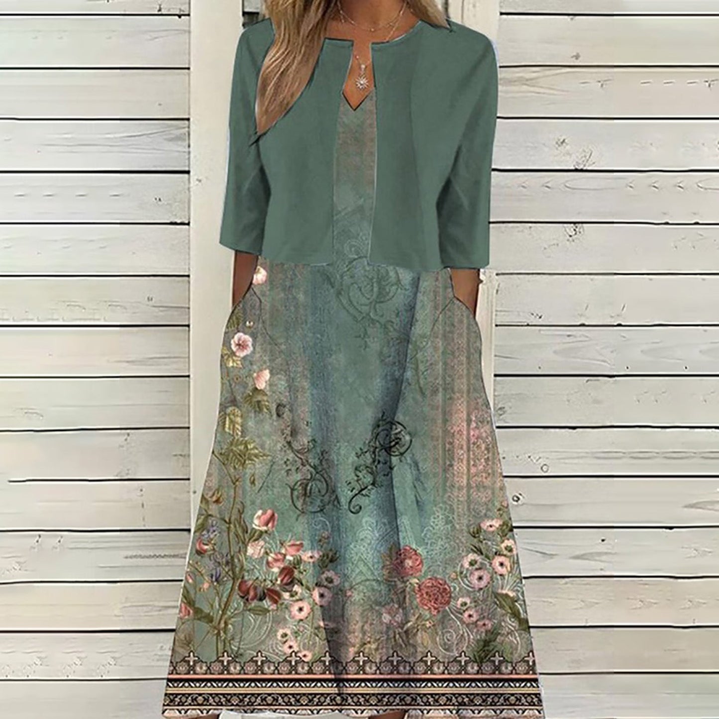 Retro Floral Print Cardigan Two-piece Dress