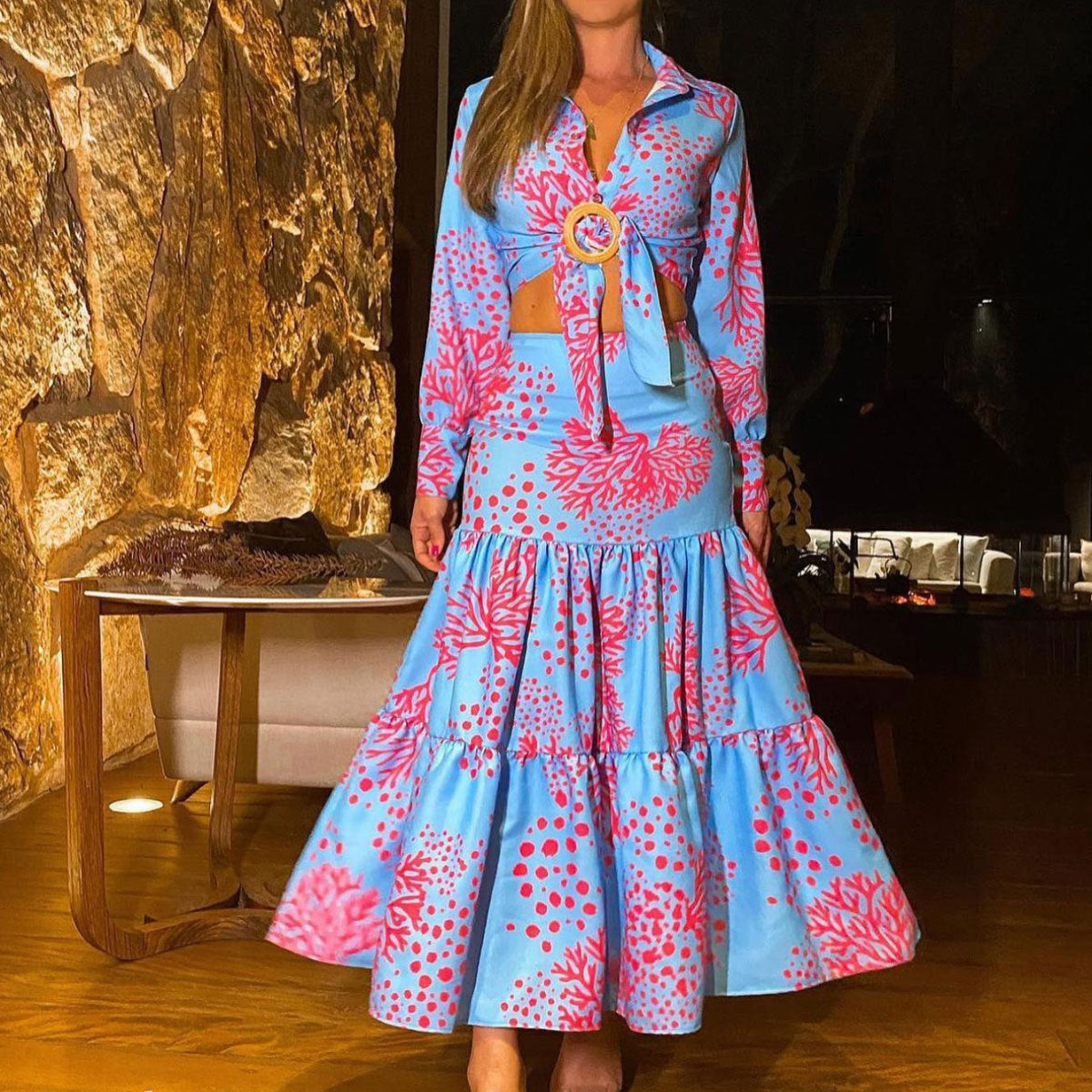 Blue Pink Coral Two-piece Set with  V-neck Short Top  & Long  Ruffle Skirt