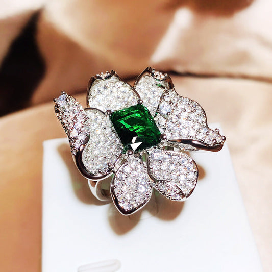 Square Cut Emerald Flower Petal CZ Ring - Adjustable Size Fits All.