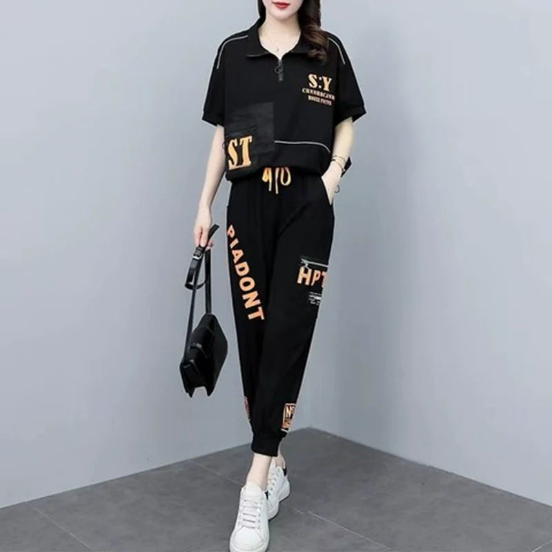 Urban Fashion Black Letter Casual  Sportsy Suit w/  Matching Top & Pants