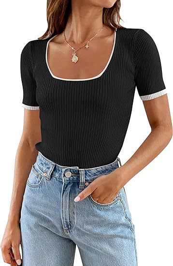 Square Collar Basic Short Sleeve T-shirt Casual All-matching Tops