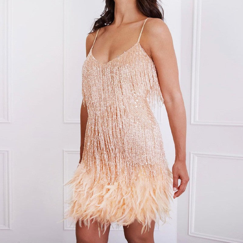 Feathered Fantasy V-Neck Plumage Stitch A-Line Dress