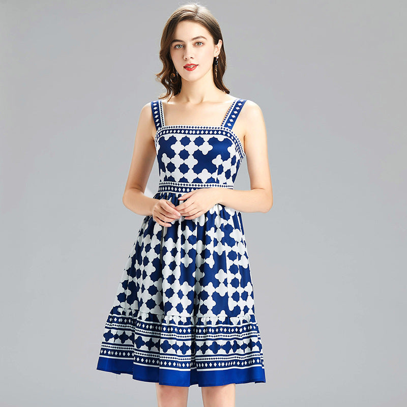 Blue Geometrical  Strap Dress