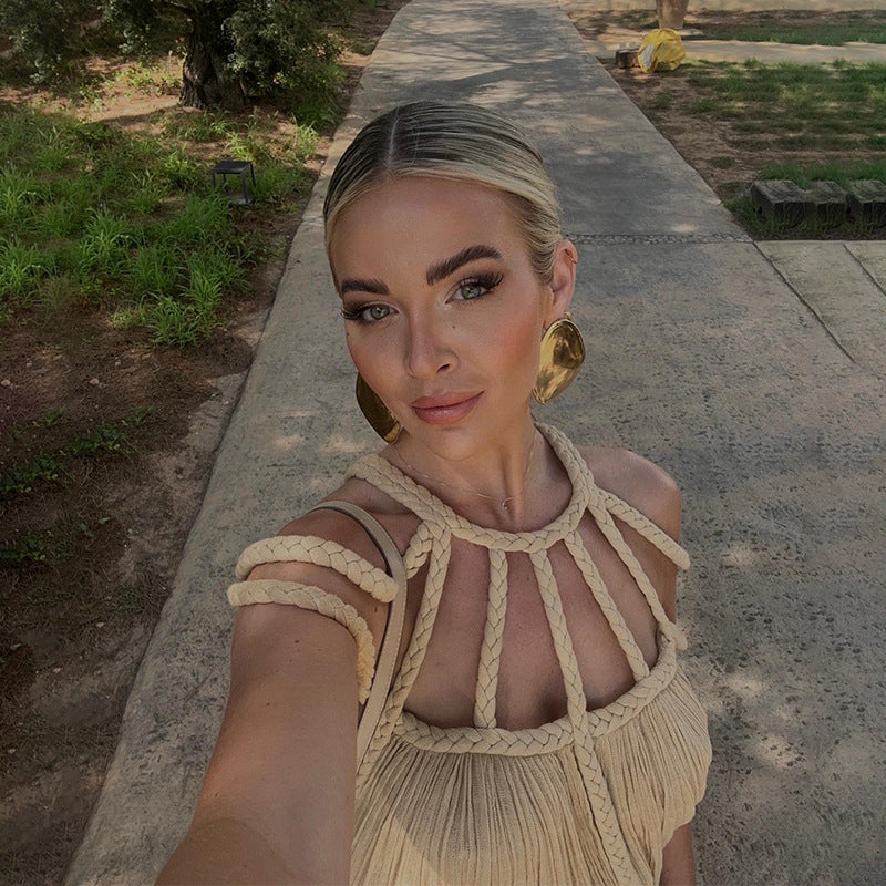 Bohemian Linen Rope Design Strapless Halter Loose Dress