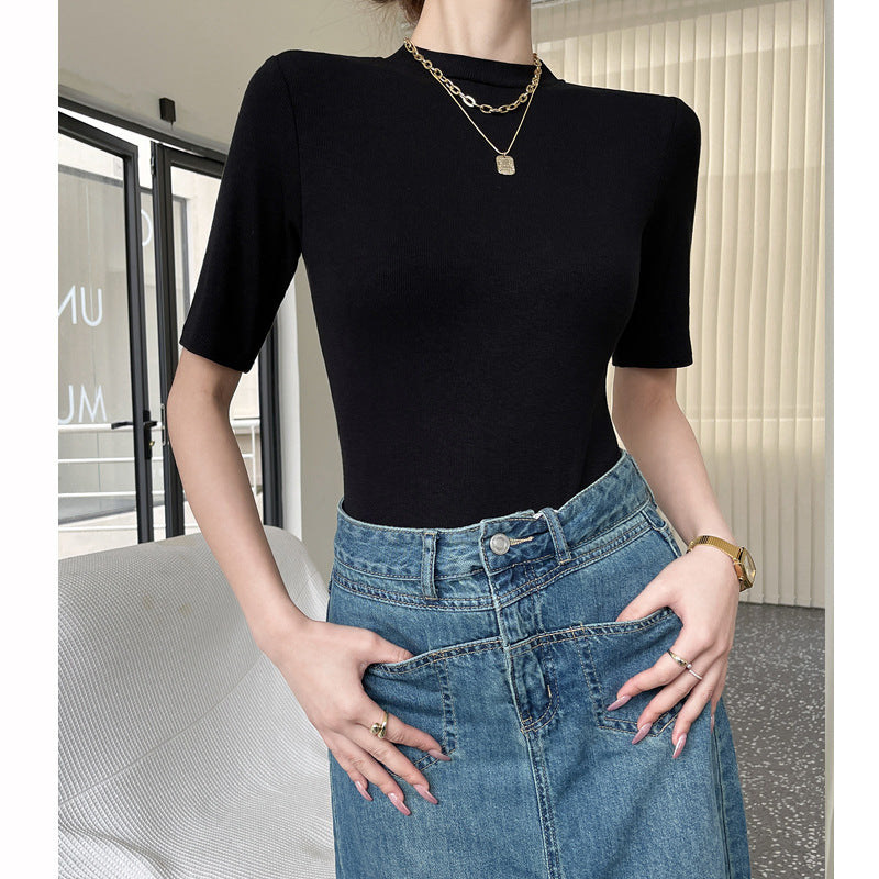 Modal Thread  Round Neck Blouse with Short Sleeve
