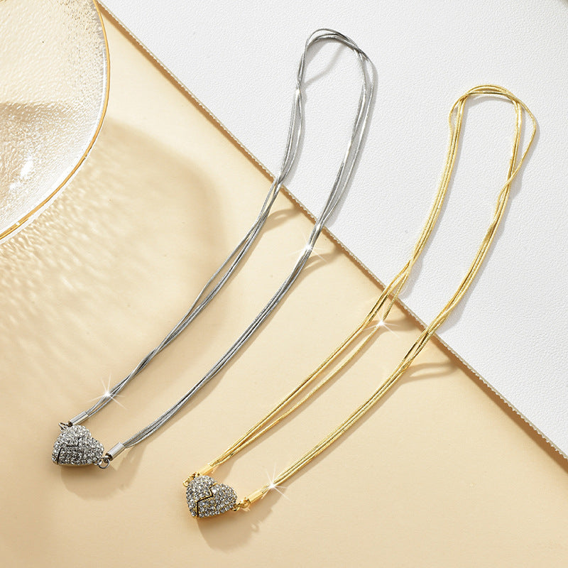Two Souls, One Heart Magnetic Split Heart Love Necklace with Double Snake Bone Chain.