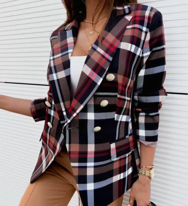 Total Styler Plaid Print Double-Breasted Blazer