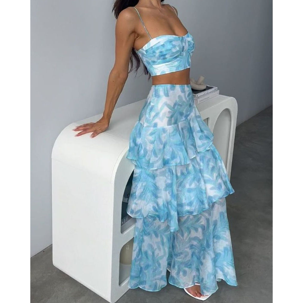 Split Sleeve Backless Top with Skirt Two-piece Set