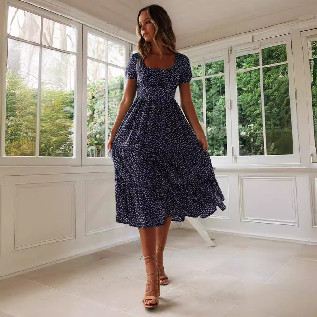 Square Collar Short Sleeve Summer Floral Dress