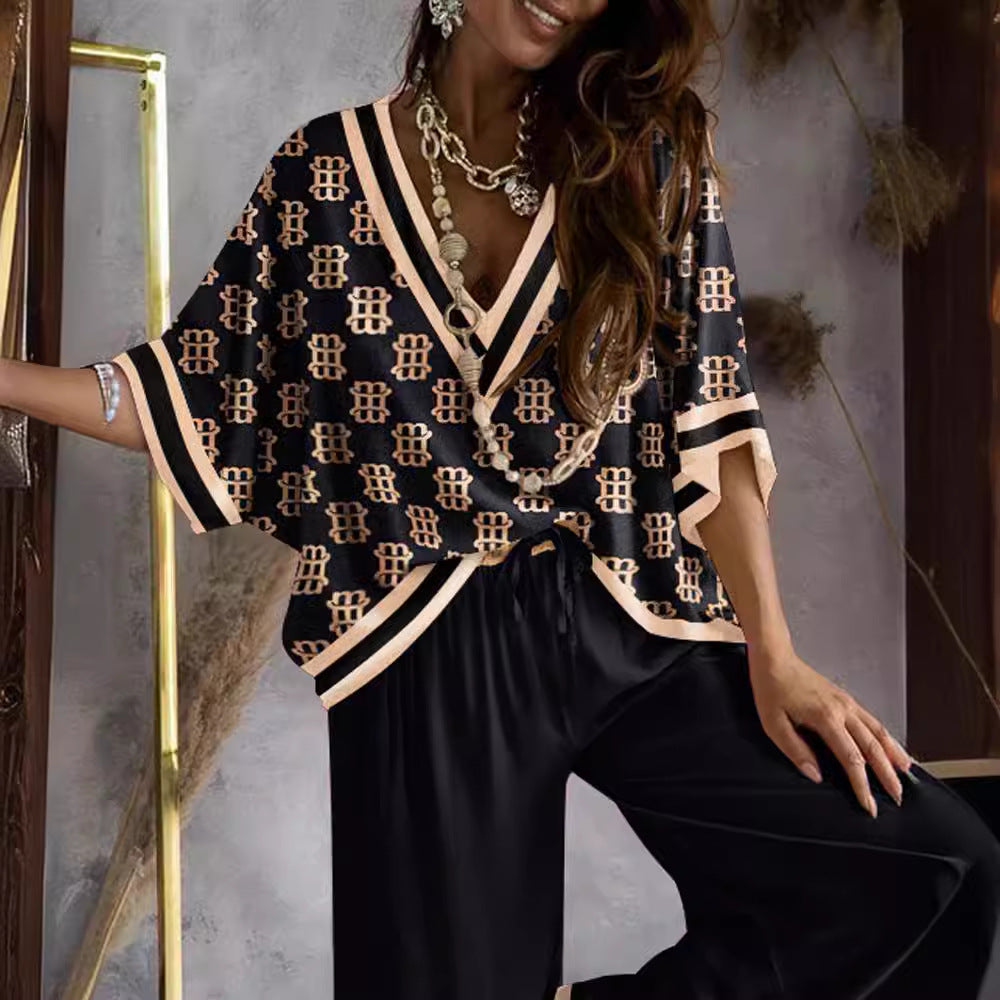 Elegant 2-Piece Suit with Batwing Sleeve Top & Wide Leg Pants