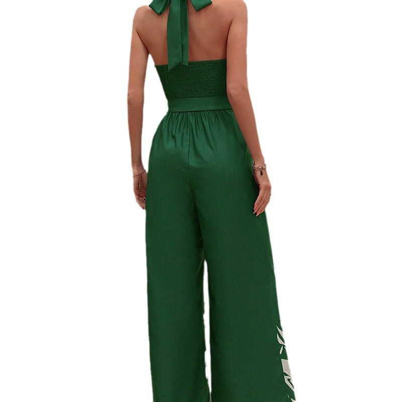 Forest Printing Belt Halter Backless Jumpsuit