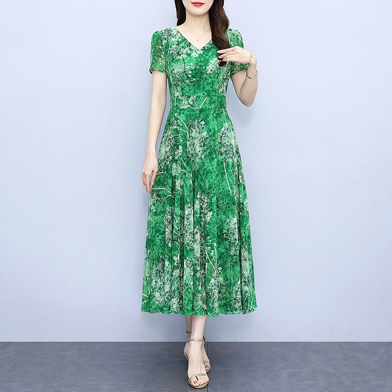 Artistic Chiffon Green Floral Dress with Princess Sleeves