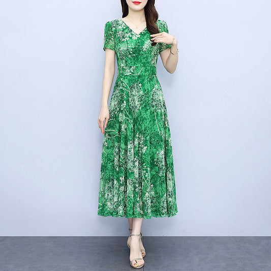 Artistic Chiffon Green Floral Dress with Princess Sleeves