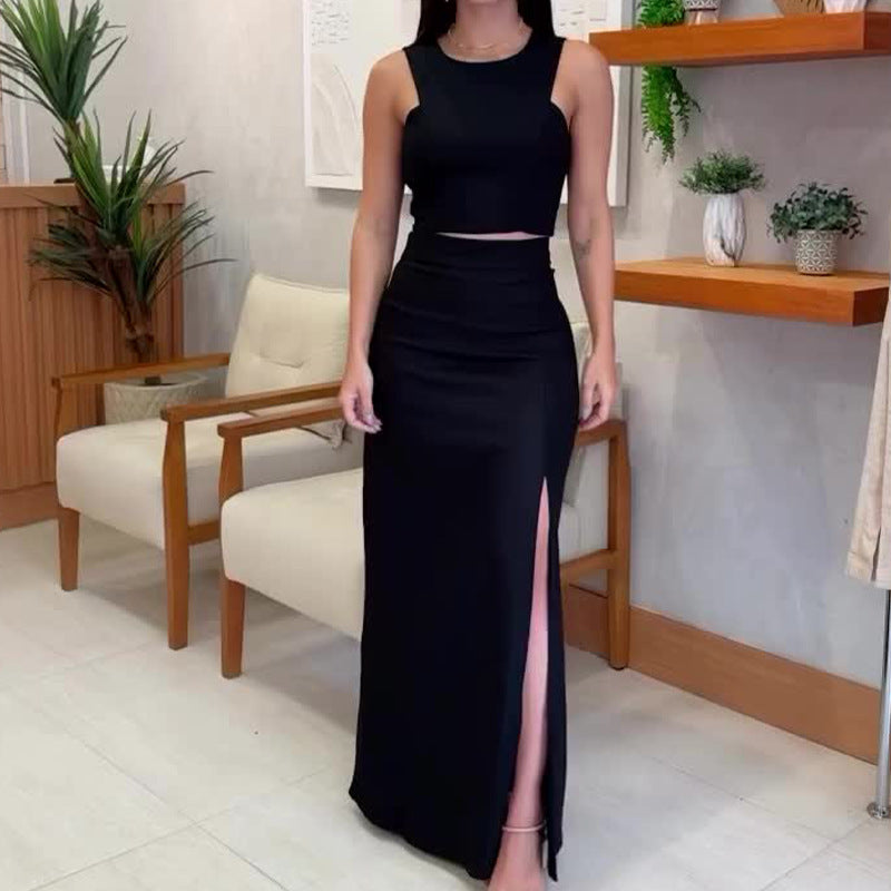 2- Piece  Suit with  Round Neck Sleeveless Top & High Waist Slit Skirt