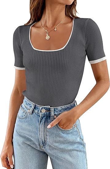 Square Collar Basic Short Sleeve T-shirt Casual All-matching Tops