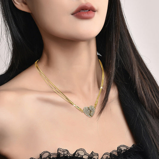 Two Souls, One Heart Magnetic Split Heart Love Necklace with Double Snake Bone Chain.