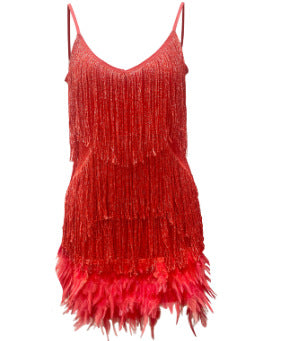 Feathered Fantasy V-Neck Plumage Stitch A-Line Dress