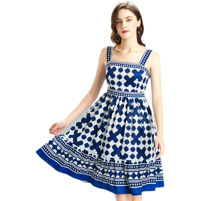 Blue Geometrical  Strap Dress