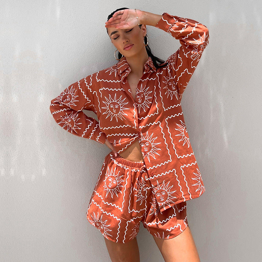 Summer Print Button-up Short with Drawstring Shorts Two-piece Set