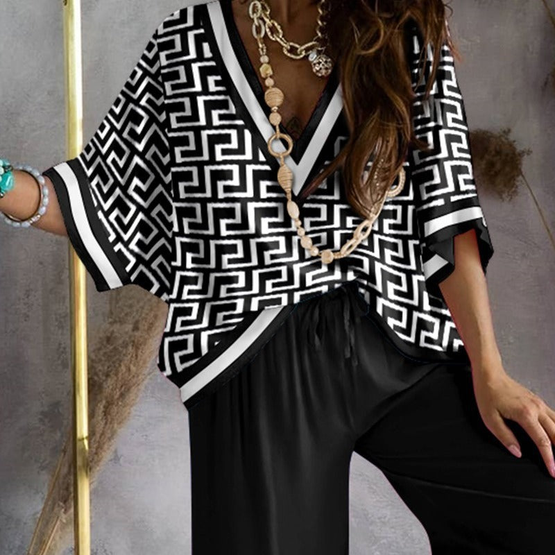 Elegant 2-Piece Suit with Batwing Sleeve Top & Wide Leg Pants