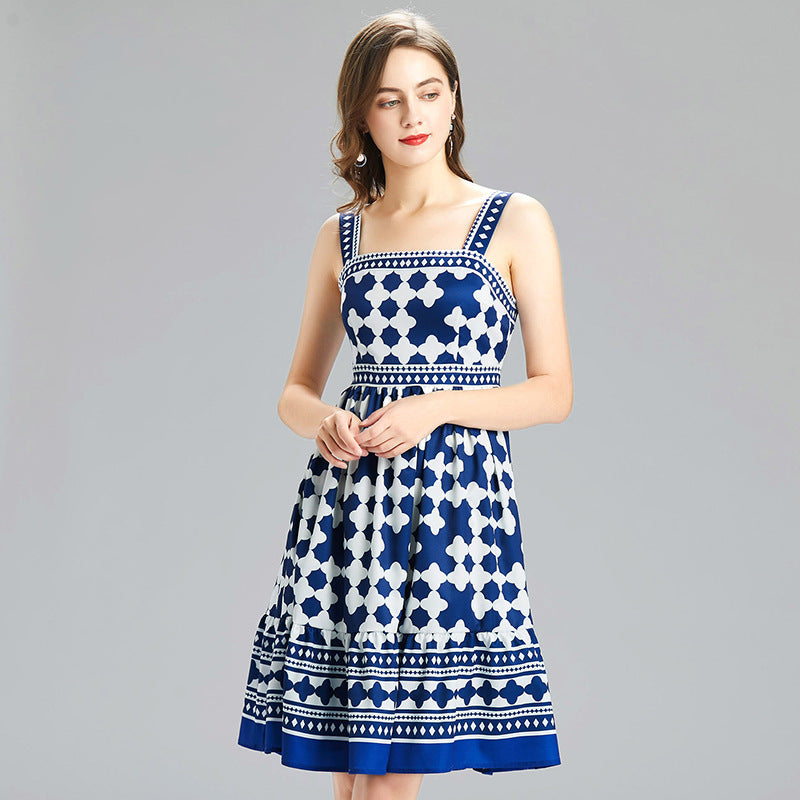 Blue Geometrical  Strap Dress