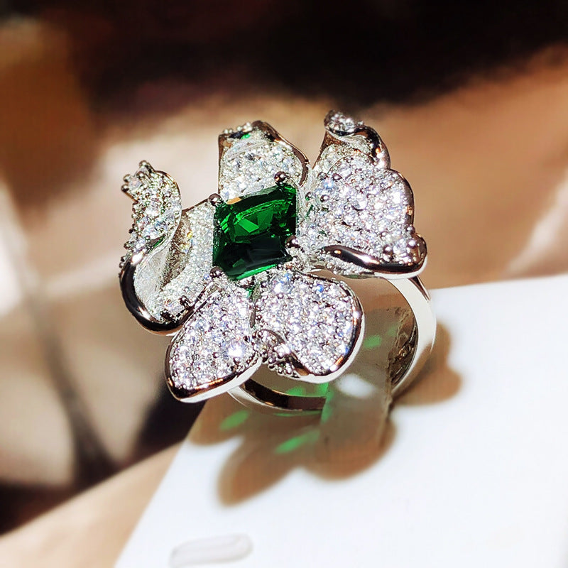 Square Cut Emerald Flower Petal CZ Ring - Adjustable Size Fits All.