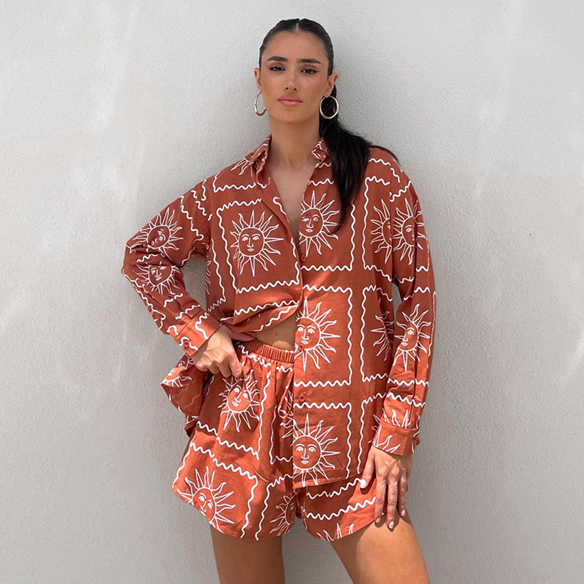 Summer Print Button-up Short with Drawstring Shorts Two-piece Set