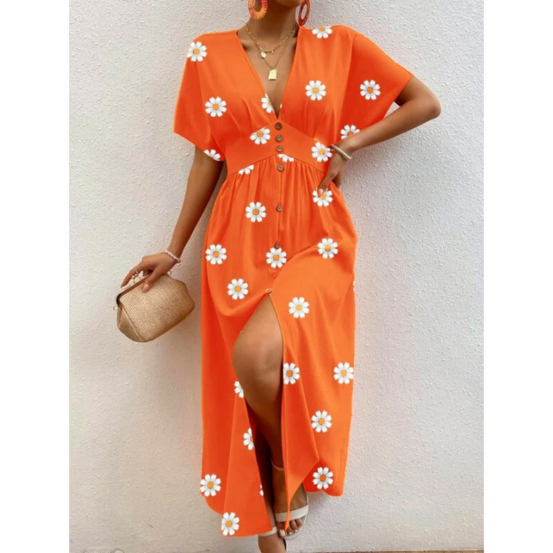 Citrus Bloom V-Neck Floral Midi Dress