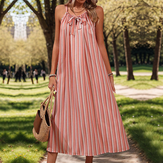 Pink Striped Loose Sling Dress