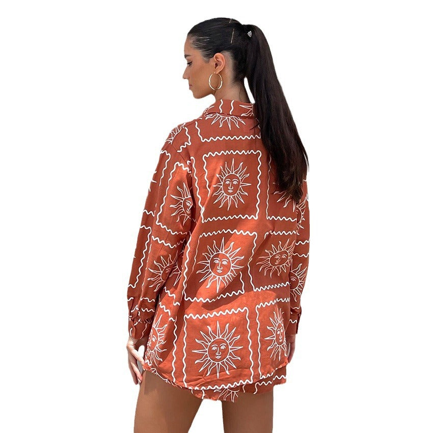 Summer Print Button-up Short with Drawstring Shorts Two-piece Set