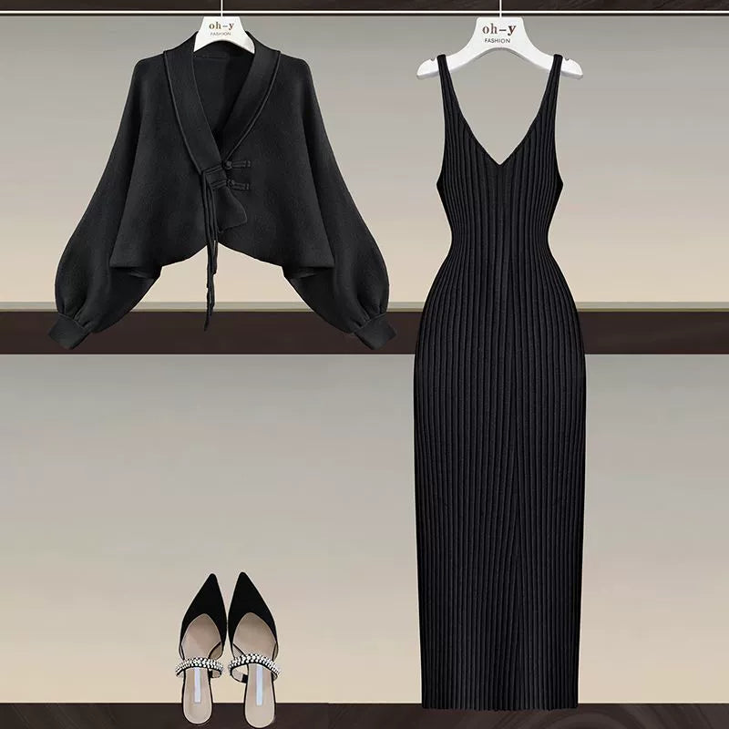 Elegant Knitted  Cashmere  Two-Piece Set with Cardigan& Dress