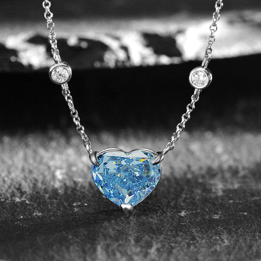 Sea Blue Ocean Heart-shaped Crystal Zircon Sterling Silver Necklace.
