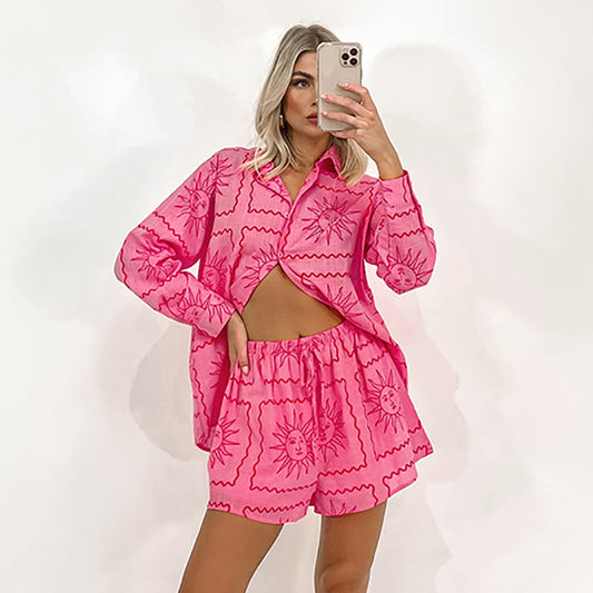 Summer Print Button-up Short with Drawstring Shorts Two-piece Set