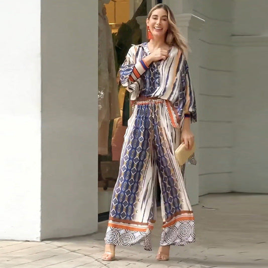 Diamond  Print Loose Printed Matching Two-piece  Set - Pants & Top