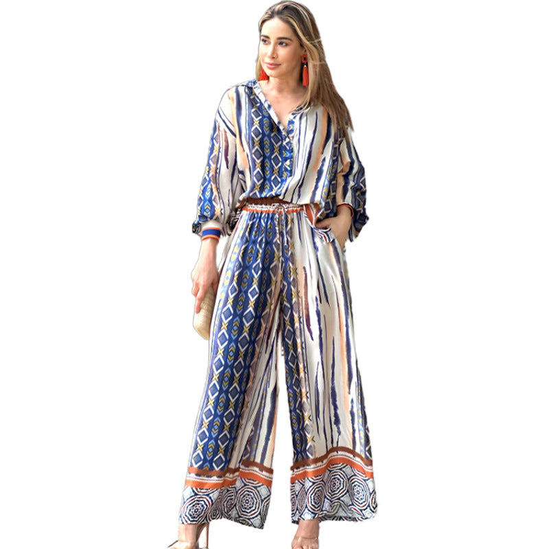 Diamond  Print Loose Printed Matching Two-piece  Set - Pants & Top