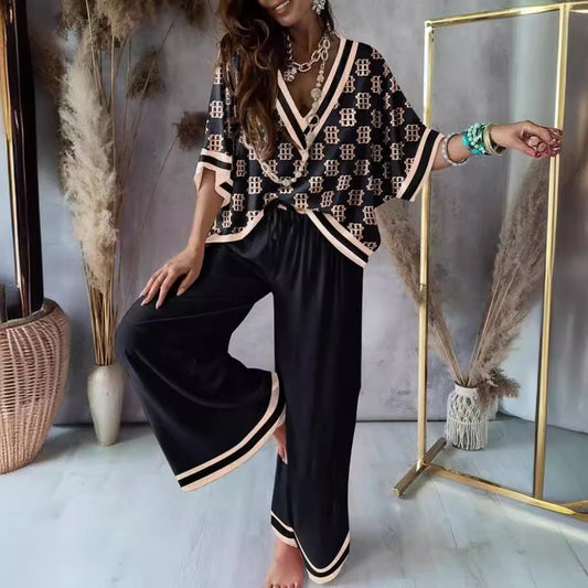 Elegant 2-Piece Suit with Batwing Sleeve Top & Wide Leg Pants