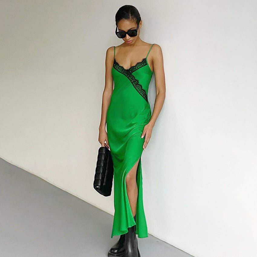 Graceful Green Lace Stitching Suspender Skirt Dress