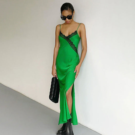 Graceful Green Lace Stitching Suspender Skirt Dress