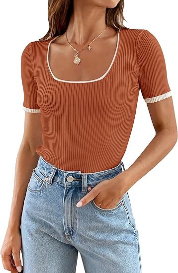Square Collar Basic Short Sleeve T-shirt Casual All-matching Tops