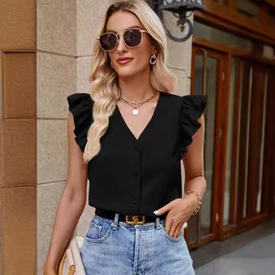 Ruffled Trim Button Front V Neck Top