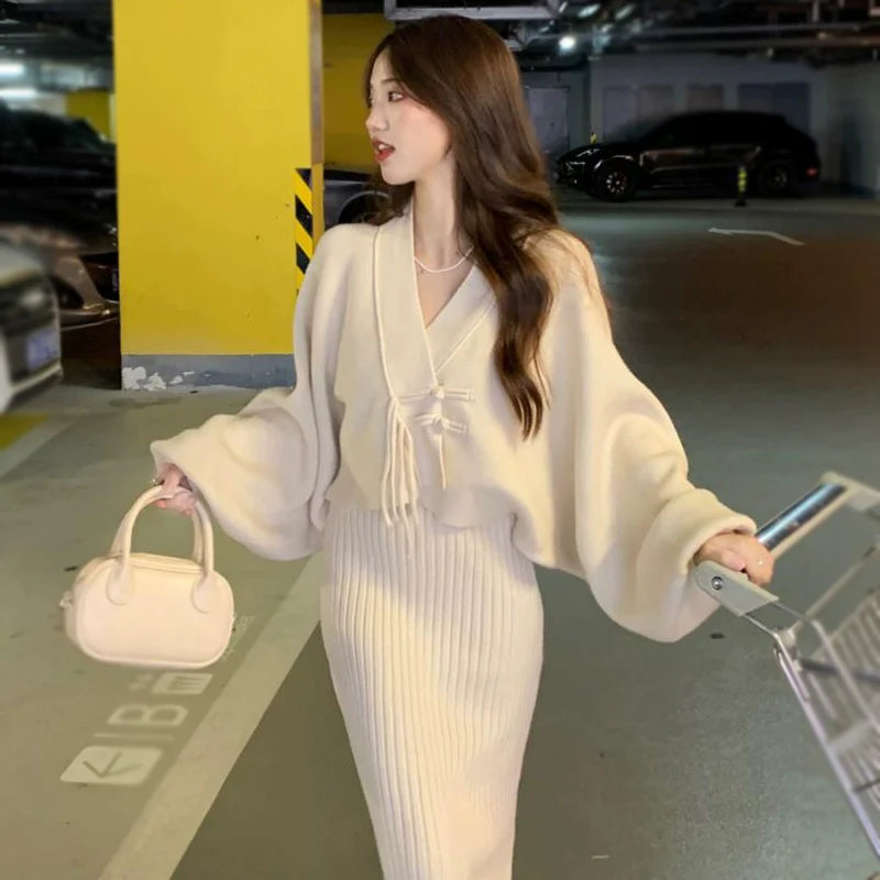 Elegant Knitted  Cashmere  Two-Piece Set with Cardigan& Dress