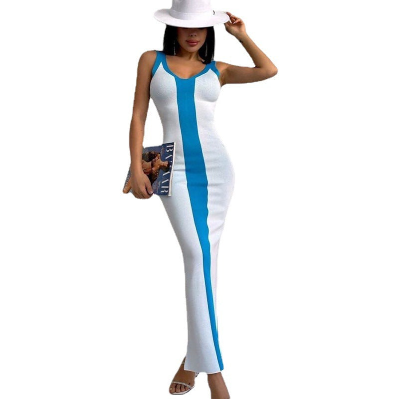 Vibrant Stitch Style Knitted Slim Fit Maxi Dress