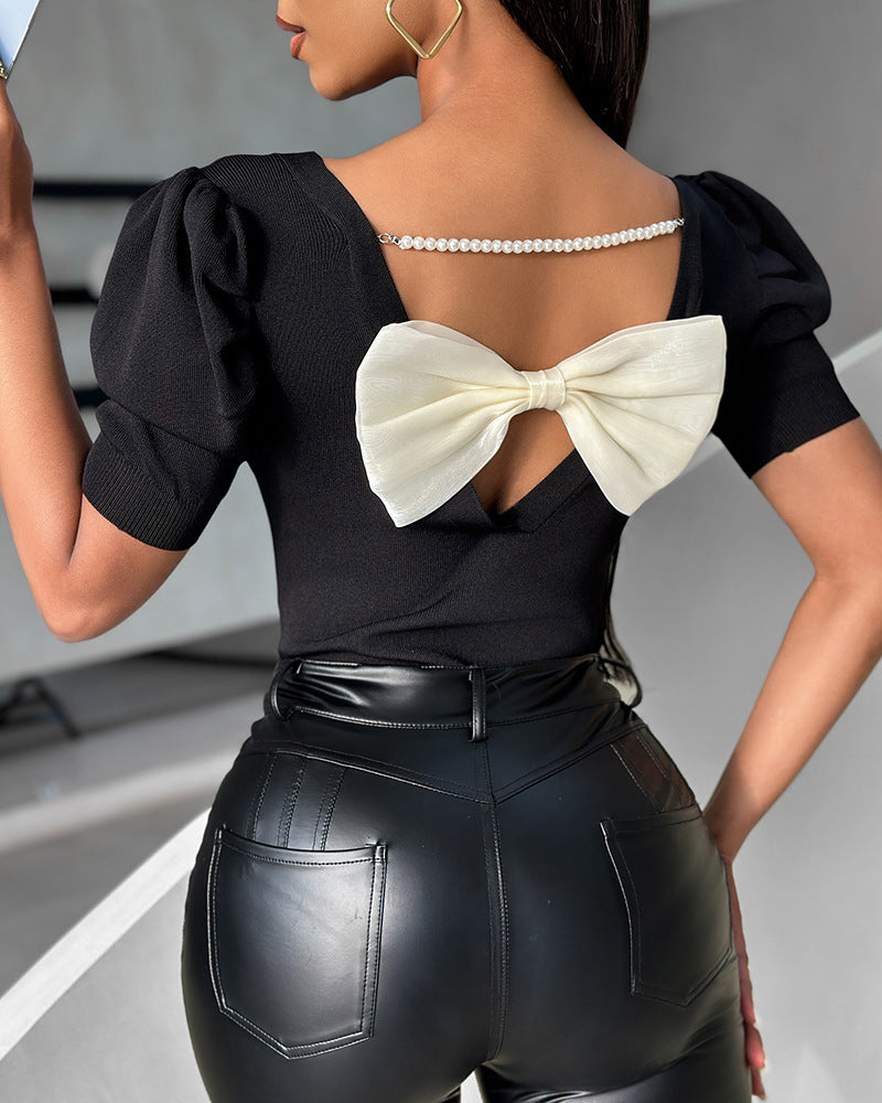 Classic Black  Top with White  Fashion Bowknot Design