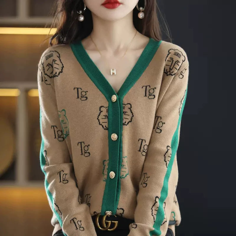 Chic 2-Color Knitted Cardigan Jacquard Loose-Fitting  with Long Sleeve