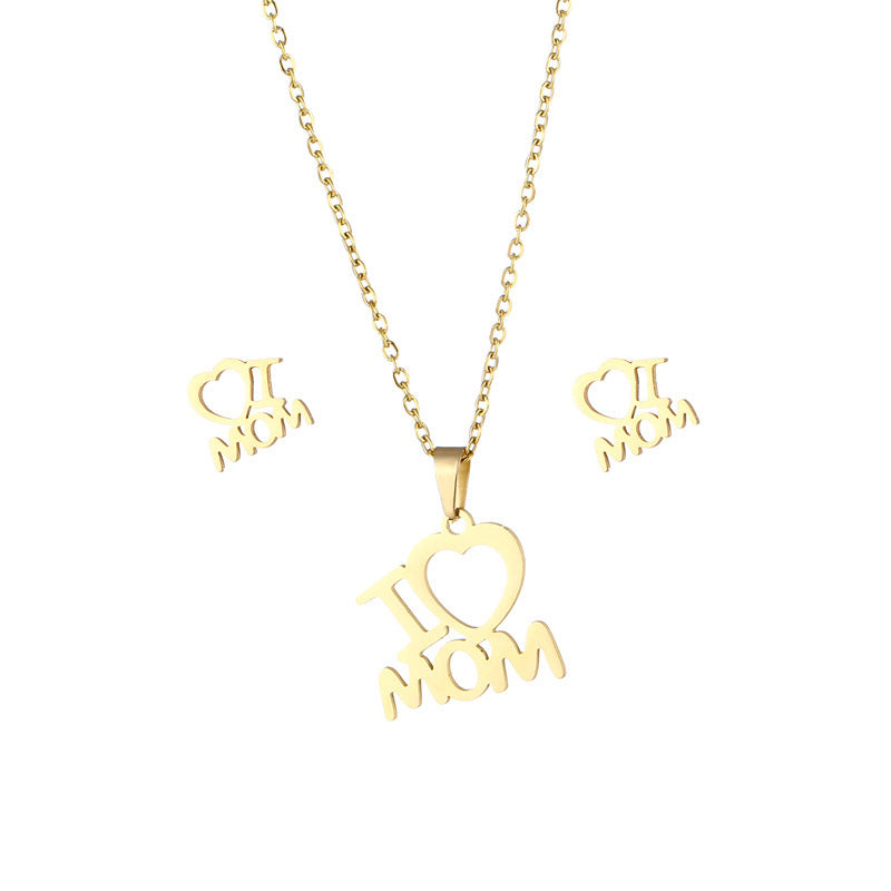 I Love Mom Gold Heart Gift Set - Pendant, Necklace, Earrings, Mother's Day, Birthday, Thanksgiving