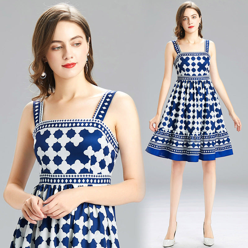 Blue Geometrical  Strap Dress
